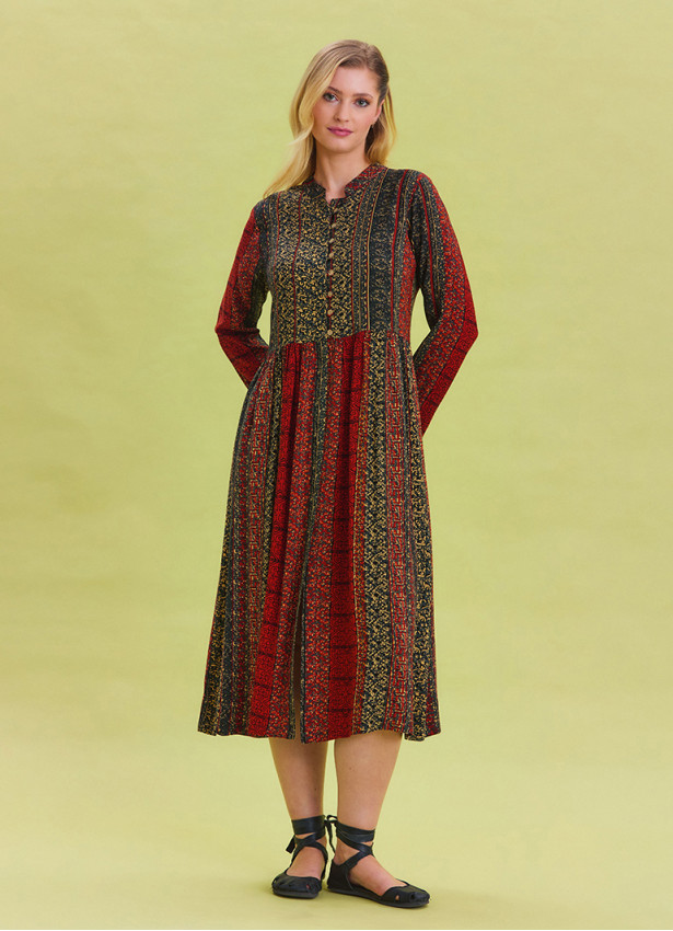 Patterned Crew Neck Button Detailed Brick Long Sleeve Dress 4445